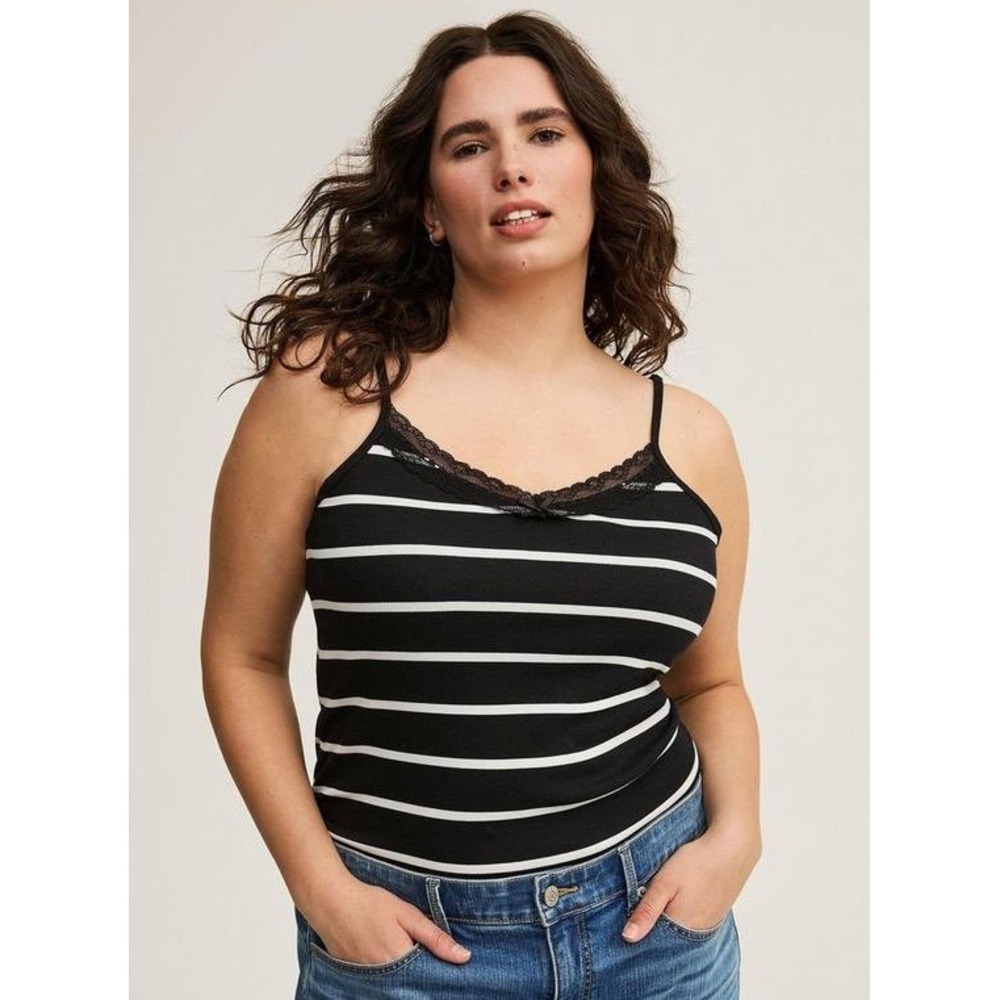 Torrid Black White Striped Lace Trim Ribbed Cami Tank Top Size 2 Plus Size